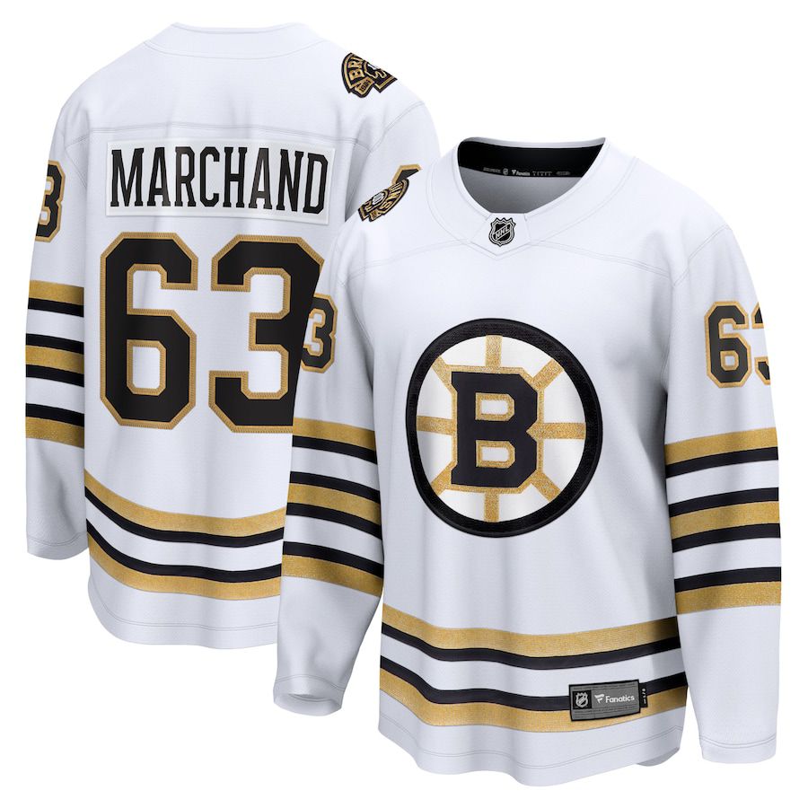 Men Boston Bruins #63 Brad Marchand Fanatics Branded White 100th Anniversary Premier Breakaway Player NHL Jersey